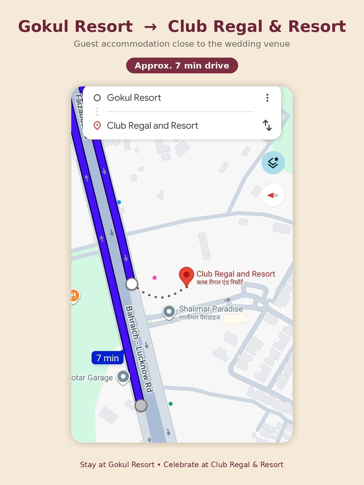 Route from Gokul Resort to Club Regal and Resort